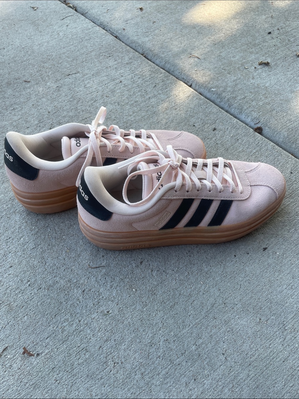 Adidas Pale Pink Sneakers with Black Stripes and Gum Sole